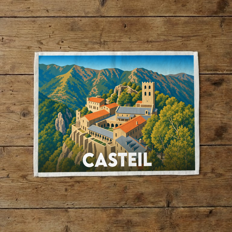Torchon souvenir de la ville de Casteil avec une illustration stylisée de son abbaye nichée dans les montagnes.