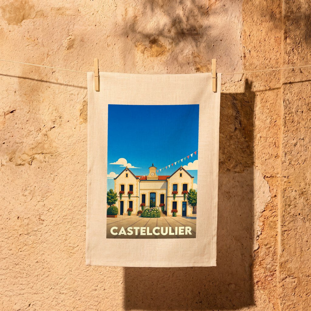 Torchon souvenir de la ville de Castelculier avec une illustration stylisée de sa mairie.