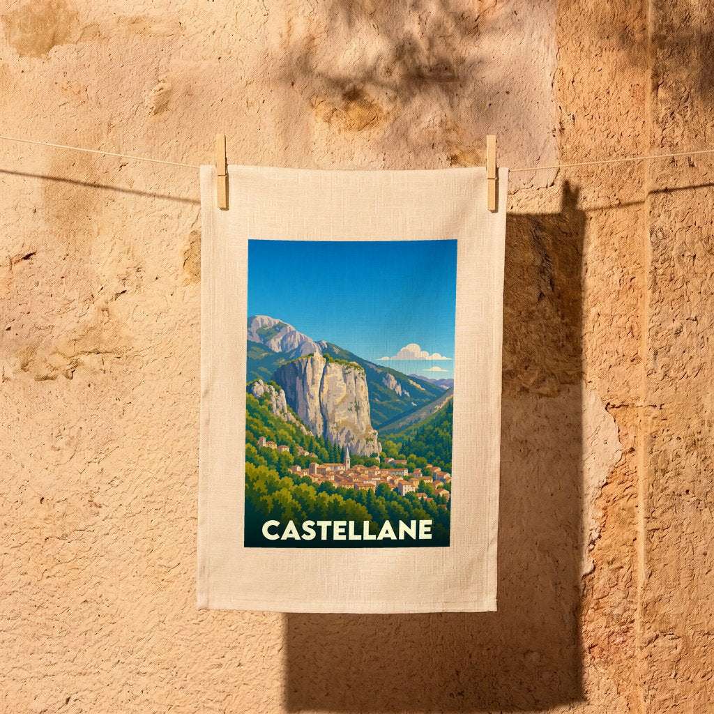 Torchon souvenir de la ville de Castellane avec une illustration stylisée de ses montagnes.