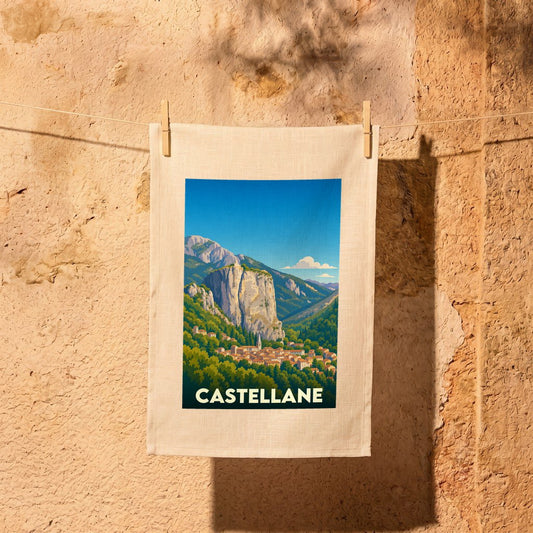 Torchon souvenir de la ville de Castellane avec une illustration stylisée de ses montagnes.