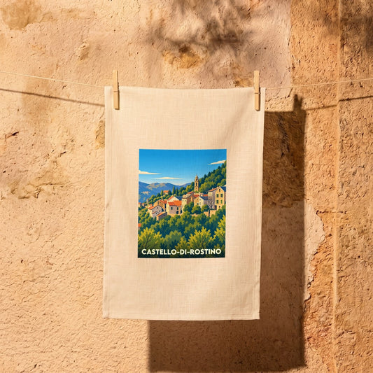 Torchon souvenir de la ville de Castello-di-Rostino avec une illustration stylisée.