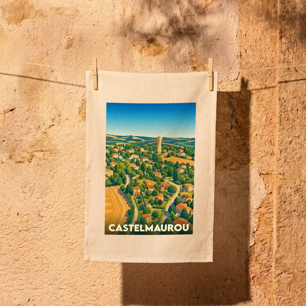 Torchon souvenir de la ville de Castelmaurou avec une illustration stylisée d'un paysage vallonné.
