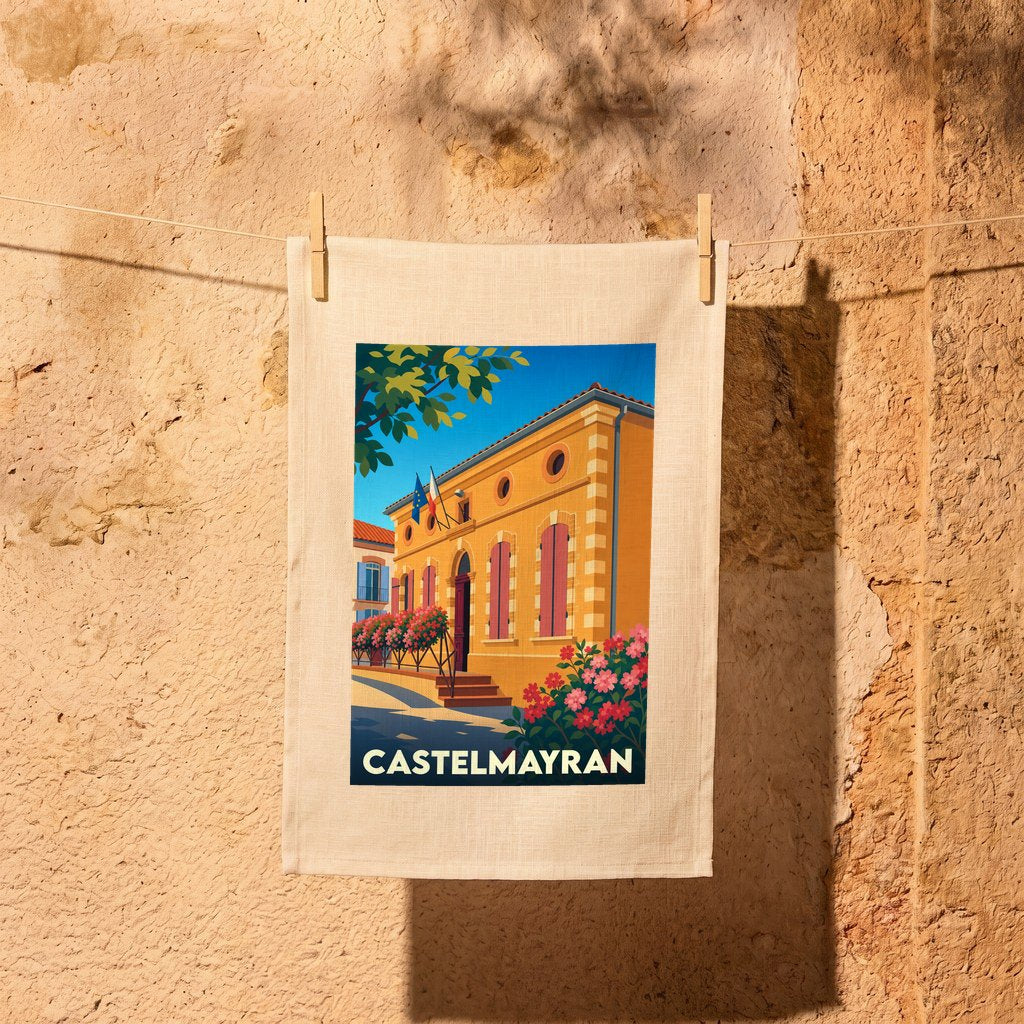 Torchon souvenir de la ville de Castelmayran avec une illustration colorée et stylisée de sa mairie.
