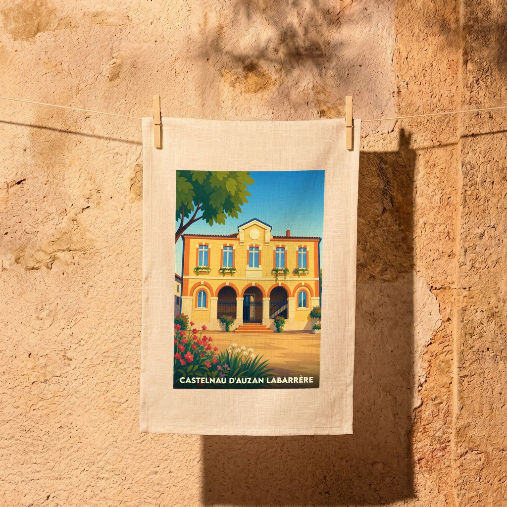 Torchon souvenir de la ville de Castelnau d’Auzan Labarrère avec une illustration stylisée de sa mairie.