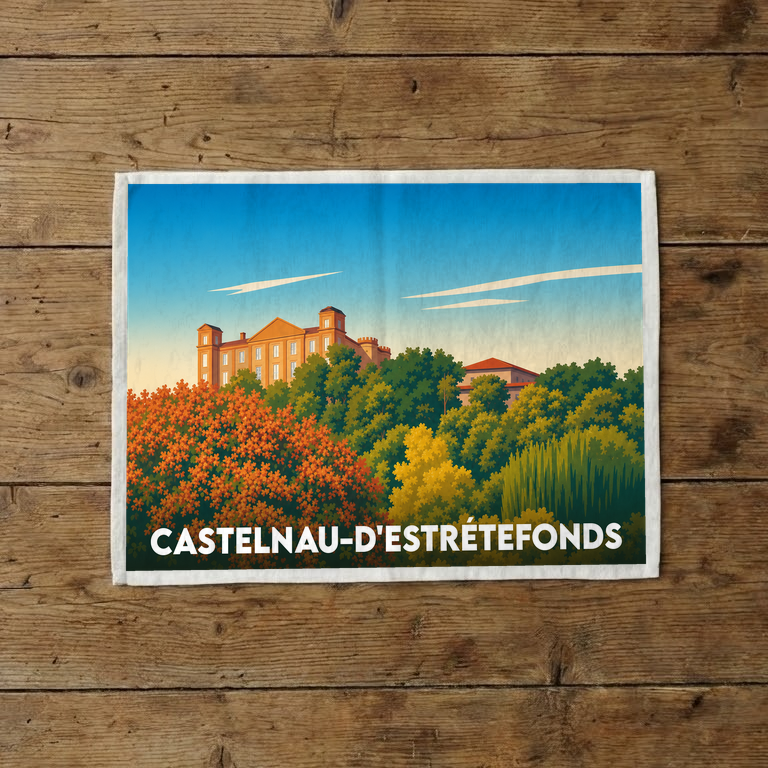 Torchon souvenir de la ville de Castelnau-d'Estrétefonds avec une illustration stylisée de son château et de sa végétation.
