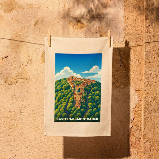 Torchon souvenir de la ville de Castelnau-Montratier avec une illustration stylisée d'un village perché.