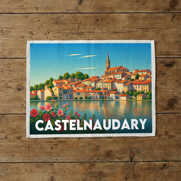 Torchon souvenir de la ville de Castelnaudary avec une illustration stylisée.