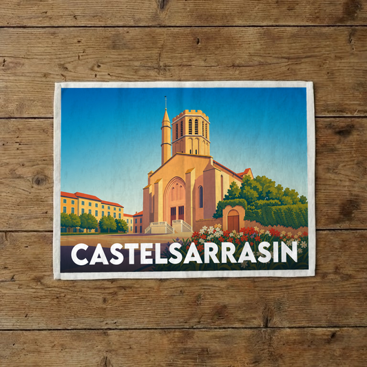 Torchon souvenir de la ville de Castelsarrasin avec une illustration stylisée.
