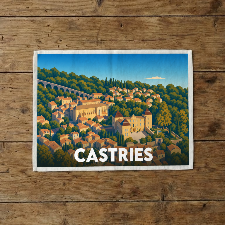Torchon souvenir de la ville de Castries orné d'une illustration stylisée de ses monuments et paysages.