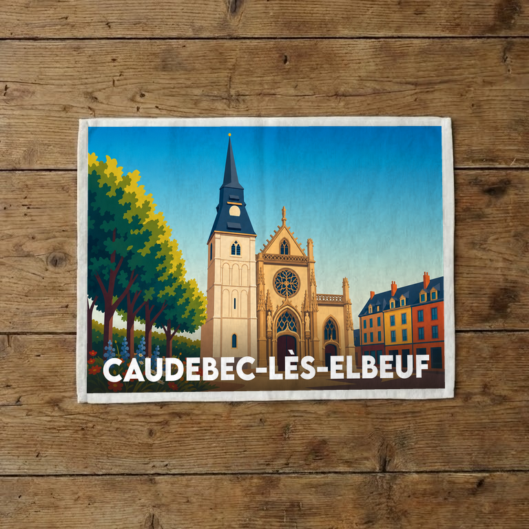 Torchon souvenir de la ville de Caudebec-lès-Elbeuf avec une illustration stylisée de son église et de ses maisons colorées.