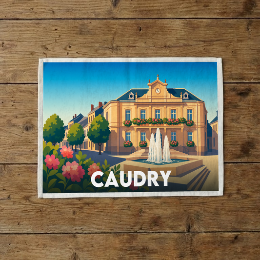 Torchon souvenir de la ville de Caudry avec une illustration stylisée de sa place principale.