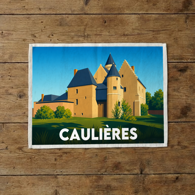 Torchon souvenir de la ville de Caulières avec une illustration stylisée.