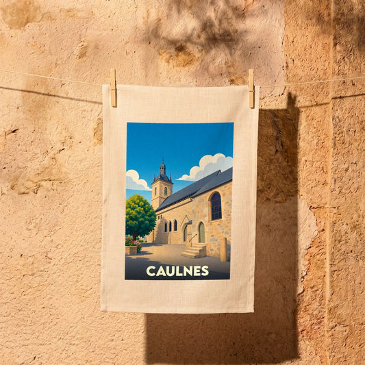 Torchon souvenir de la ville de Caulnes avec une illustration stylisée de son église.