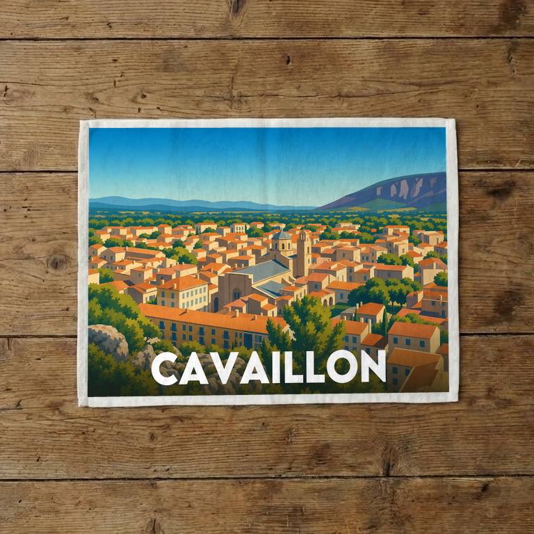 Torchon souvenir de la ville de Cavaillon avec une illustration stylisée.