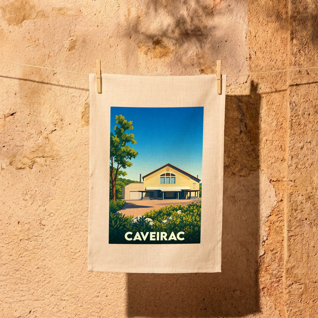 Torchon souvenir de la ville de Caveirac avec une illustration stylisée d'un bâtiment provençal.