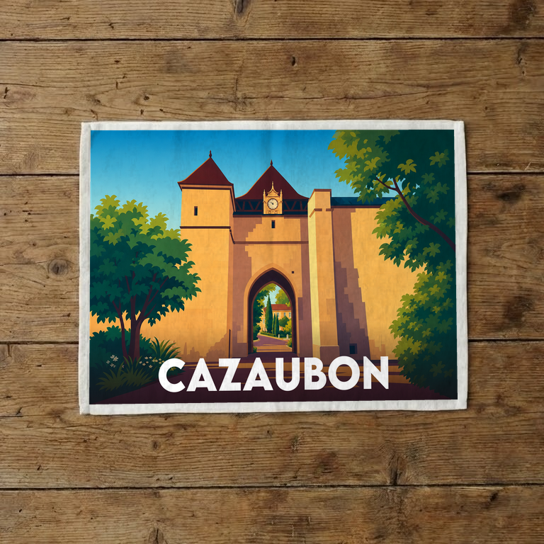 Torchon souvenir de la ville de Cazaubon avec une illustration stylisée de sa porte fortifiée.
