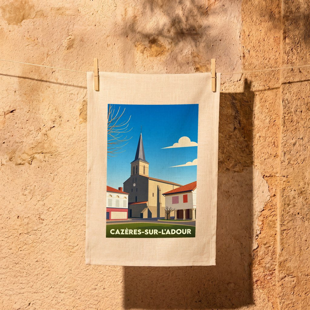Torchon souvenir de la ville de Cazères-sur-l'Adour avec une illustration stylisée de son église.
