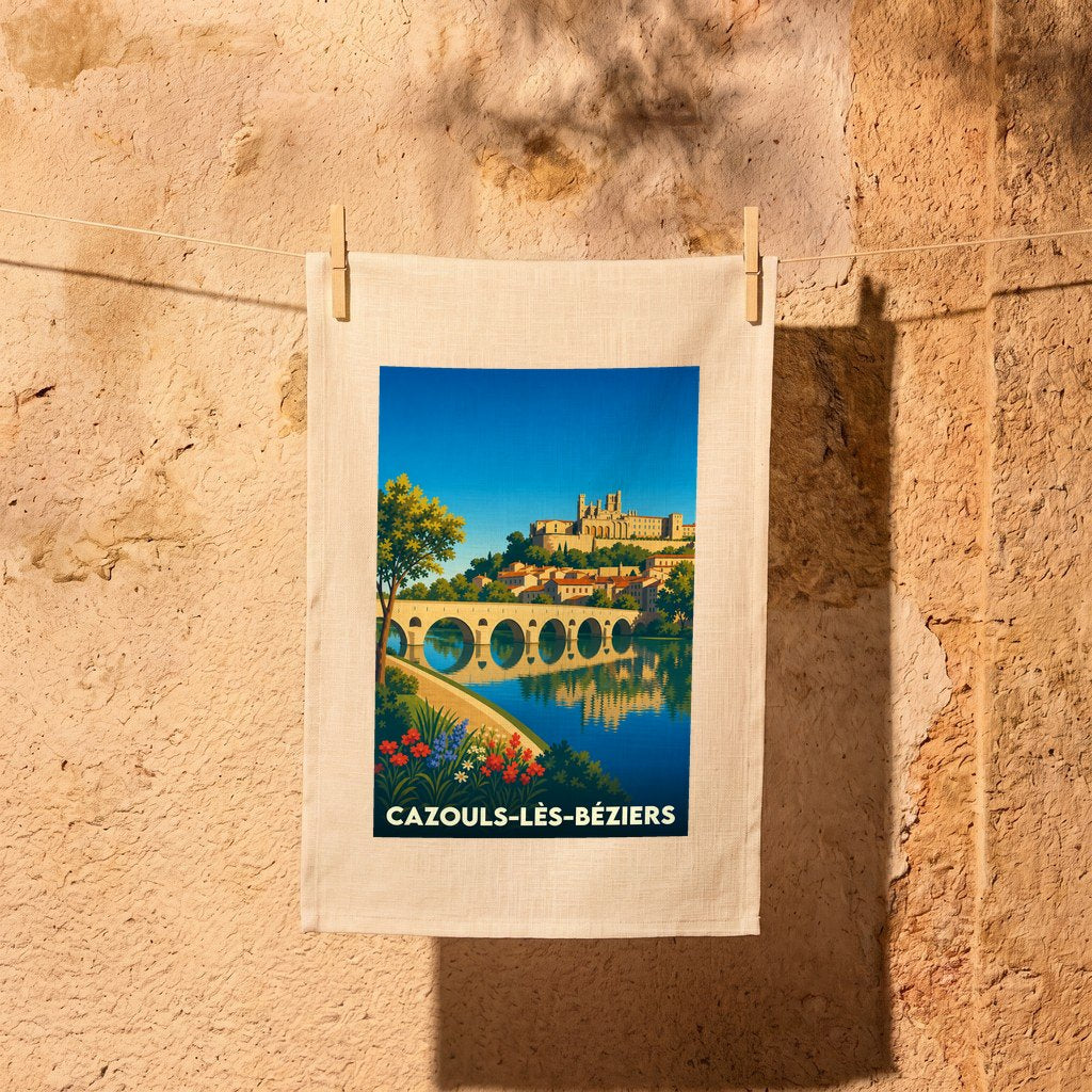 Torchon souvenir de Cazouls-lès-Béziers illustré d'une vue stylisée du pont et de la cathédrale.