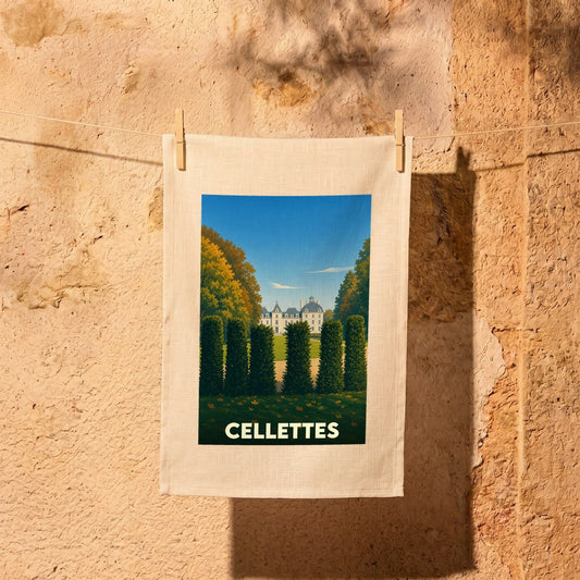 Torchon souvenir de la ville de Cellettes avec une illustration stylisée d'un château.