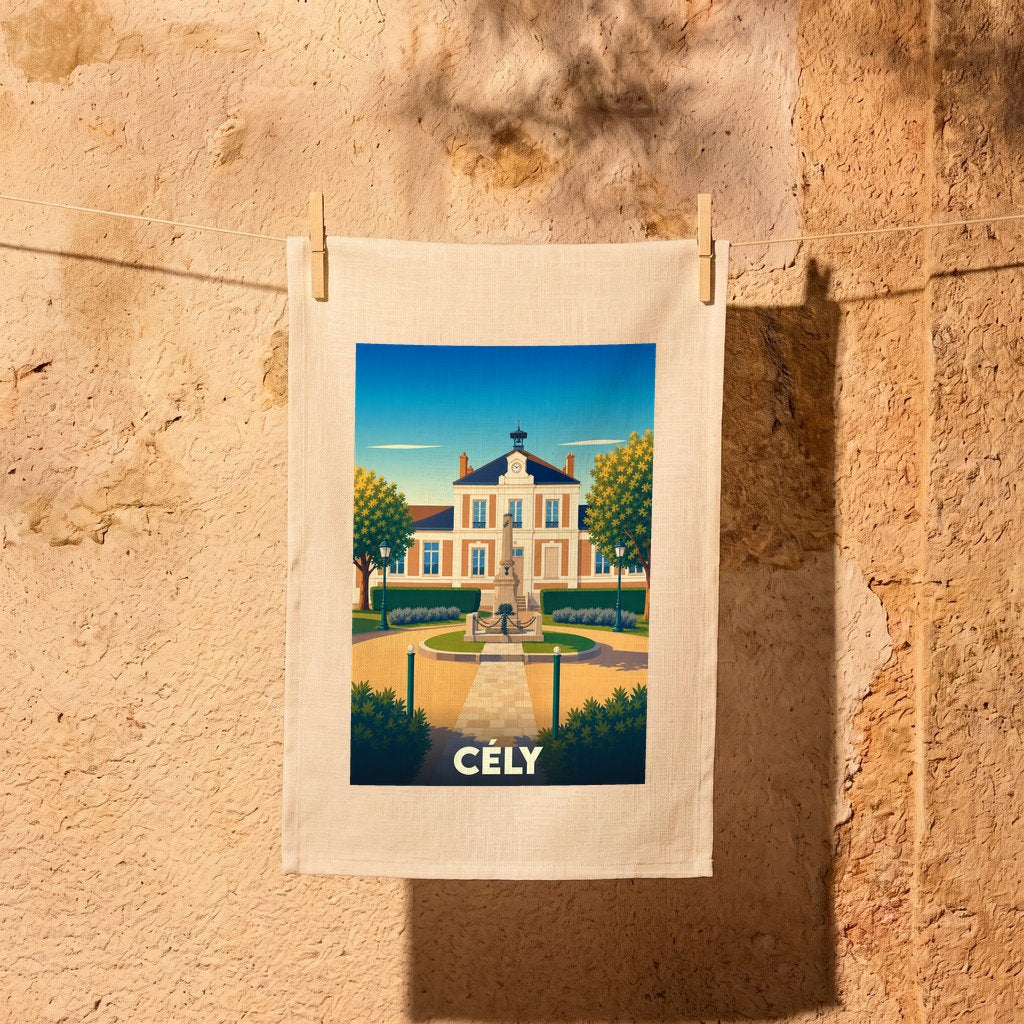 Torchon souvenir de la ville de Cély avec une illustration stylisée.