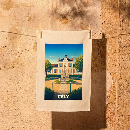 Torchon souvenir de la ville de Cély avec une illustration stylisée.