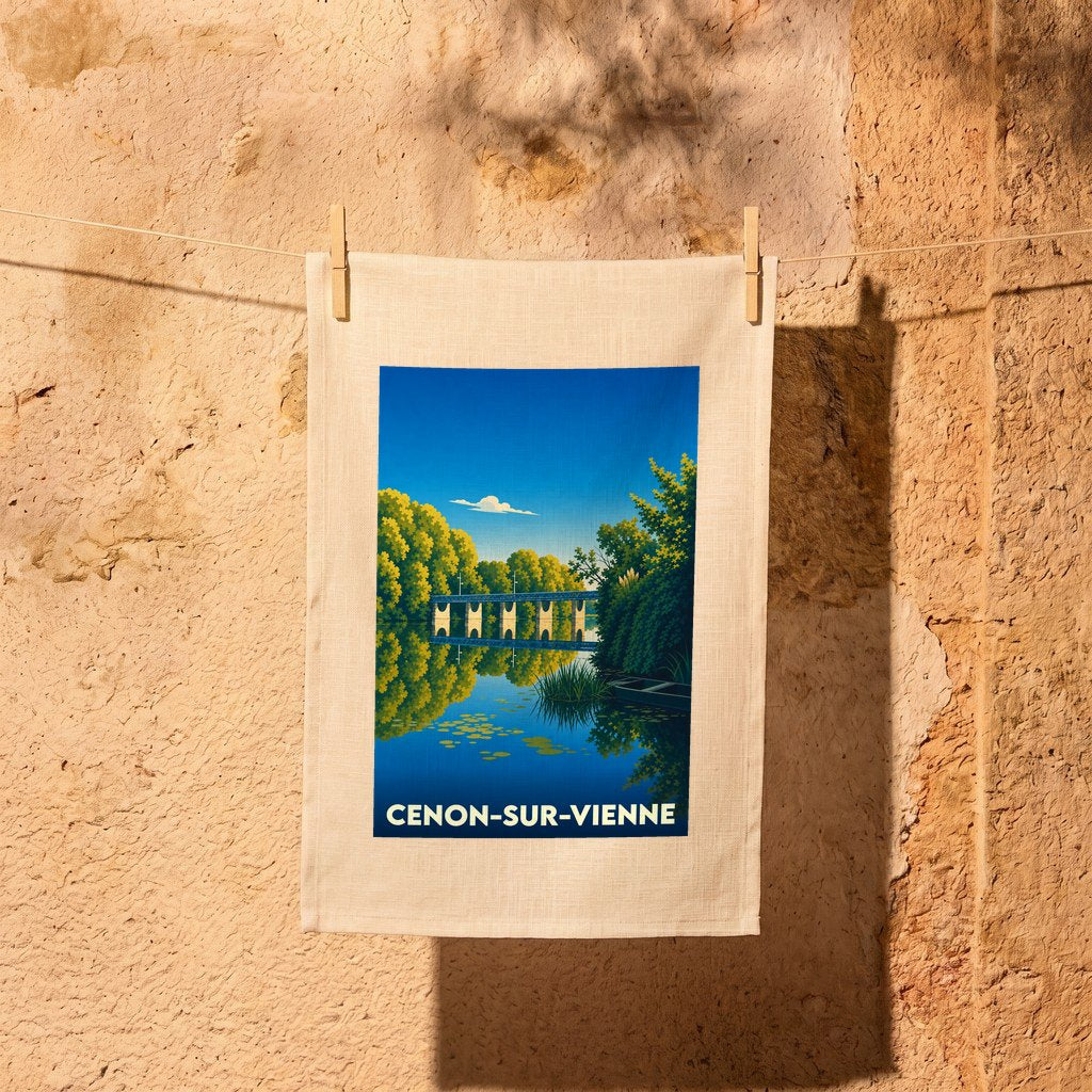 Torchon souvenir de la ville de Cenon-sur-Vienne avec une illustration stylisée d'un pont se reflétant dans l'eau.