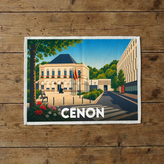 Torchon souvenir de la ville de Cenon illustré par un dessin stylisé de son hôtel de ville.