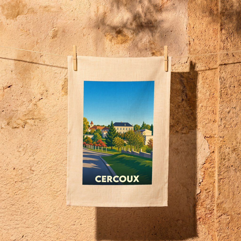 Torchon souvenir de la ville de Cercoux avec une illustration stylisée.