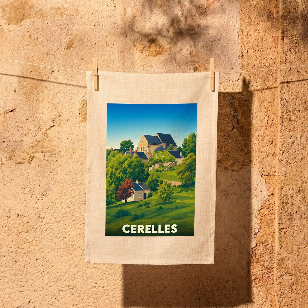 Torchon souvenir de la ville de Cerelles illustré d'un paysage de village pittoresque.