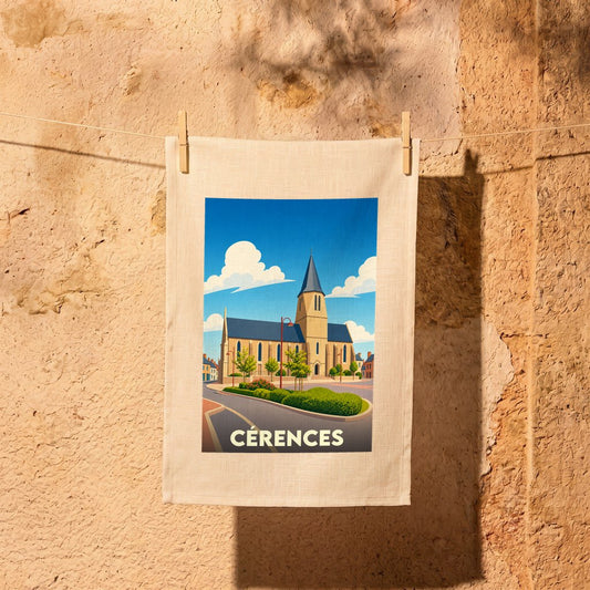 Torchon souvenir de la ville de Cérences orné d'une illustration stylisée de son église.