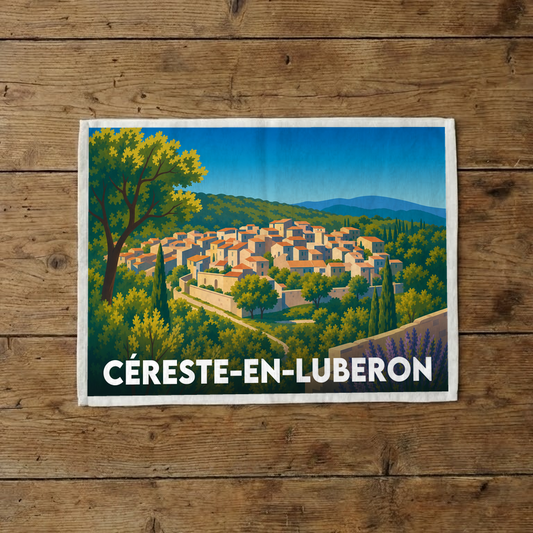 Torchon souvenir de la ville de Céreste-en-Luberon avec une illustration stylisée.