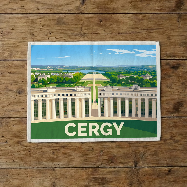 Torchon souvenir de la ville de Cergy avec une illustration stylisée de l'Axe Majeur.