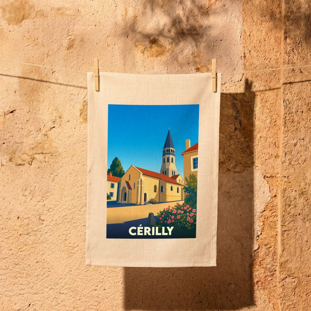 Torchon souvenir de la ville de Cérilly orné d'une illustration stylisée de son église.