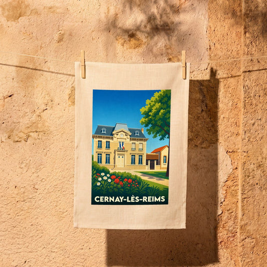 Torchon souvenir de la ville de Cernay-lès-Reims avec une illustration stylisée de sa mairie.