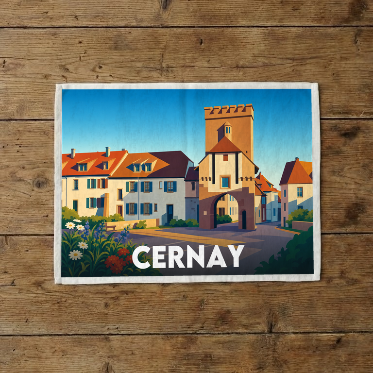 Torchon souvenir de la ville de Cernay avec une illustration stylisée de son architecture.