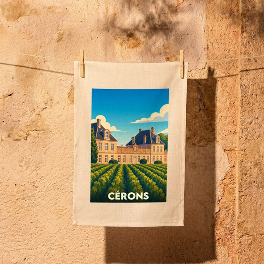 Torchon souvenir de la ville de Cérons avec une illustration stylisée d'un château et ses vignes.
