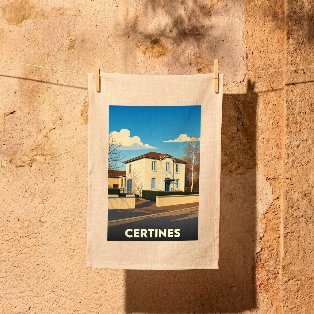 Torchon souvenir de la ville de Certines avec une illustration stylisée.