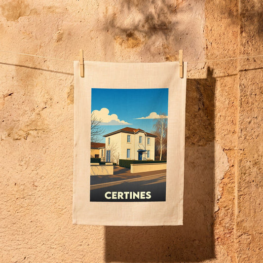 Torchon souvenir de la ville de Certines avec une illustration stylisée.