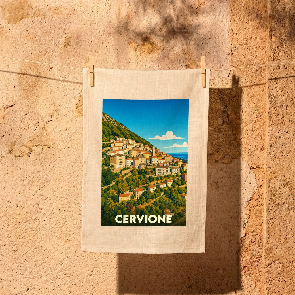 Torchon souvenir de la ville de Cervione avec une illustration stylisée.