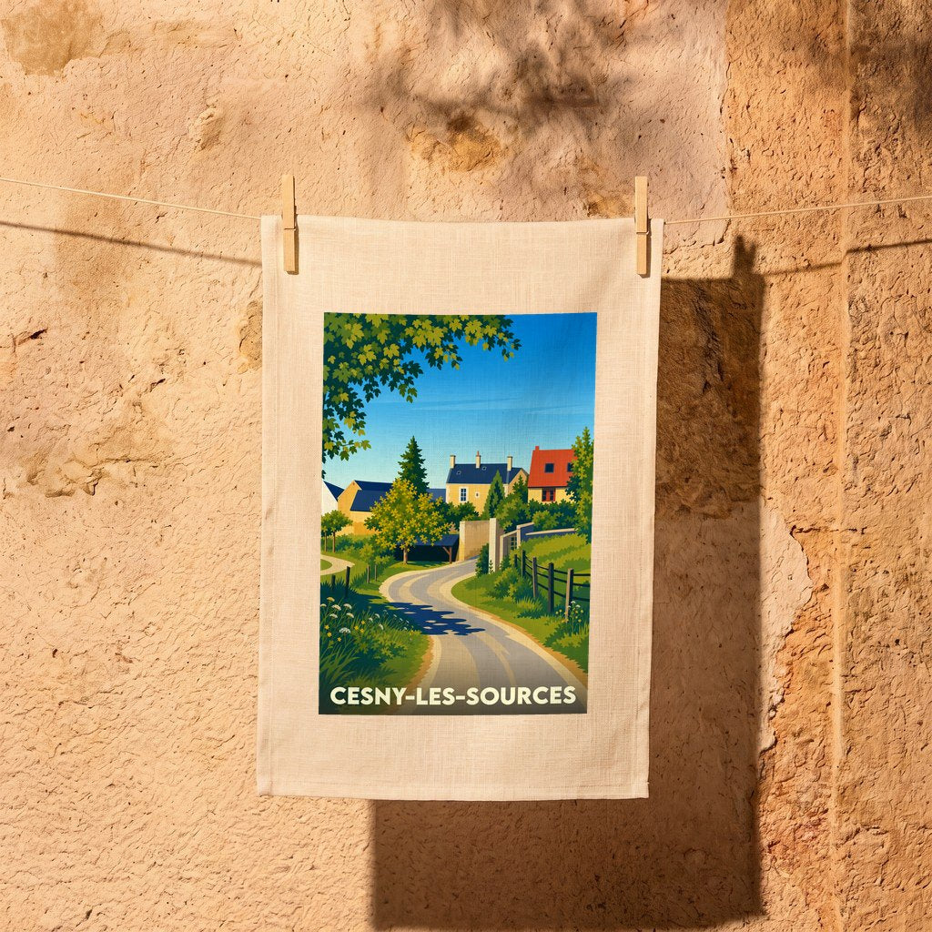 Torchon souvenir de la ville de Cesny-les-Sources avec une illustration stylisée de son paysage champêtre.