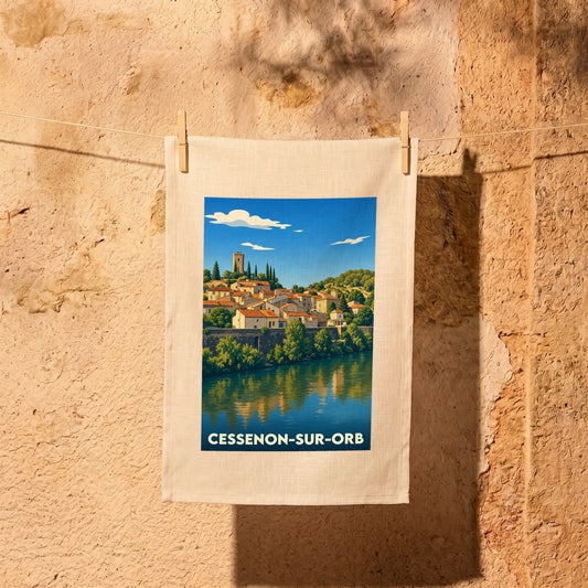 Torchon souvenir de la ville de Cessenon-sur-Orb avec une illustration stylisée.