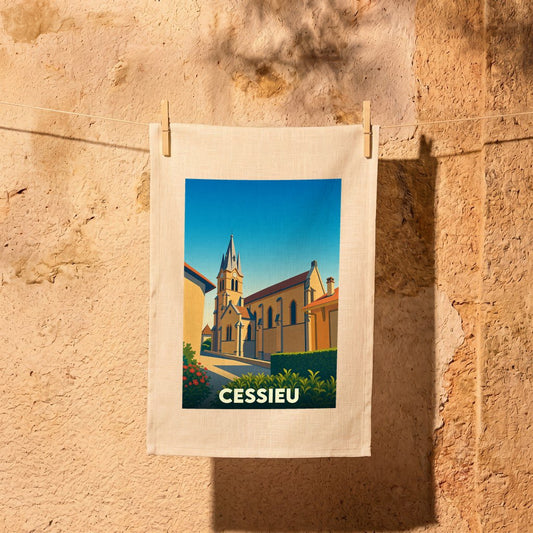 Torchon souvenir de la ville de Cessieu orné d'une illustration stylisée de son église.