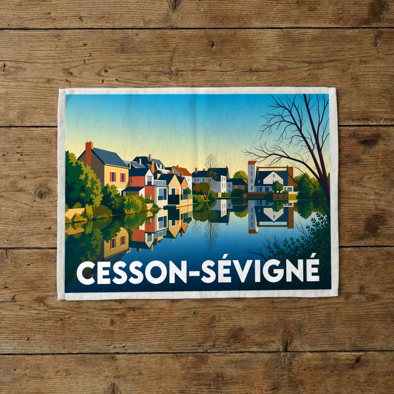 Torchon souvenir de la ville de Cesson-Sévigné avec une illustration stylisée.