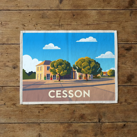 Torchon souvenir de la ville de Cesson avec une illustration stylisée.