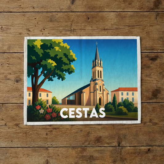 Torchon souvenir de la ville de Cestas avec une illustration stylisée de son église.