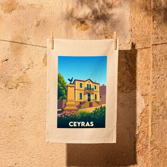 Torchon souvenir de la ville de Ceyras avec une illustration stylisée.