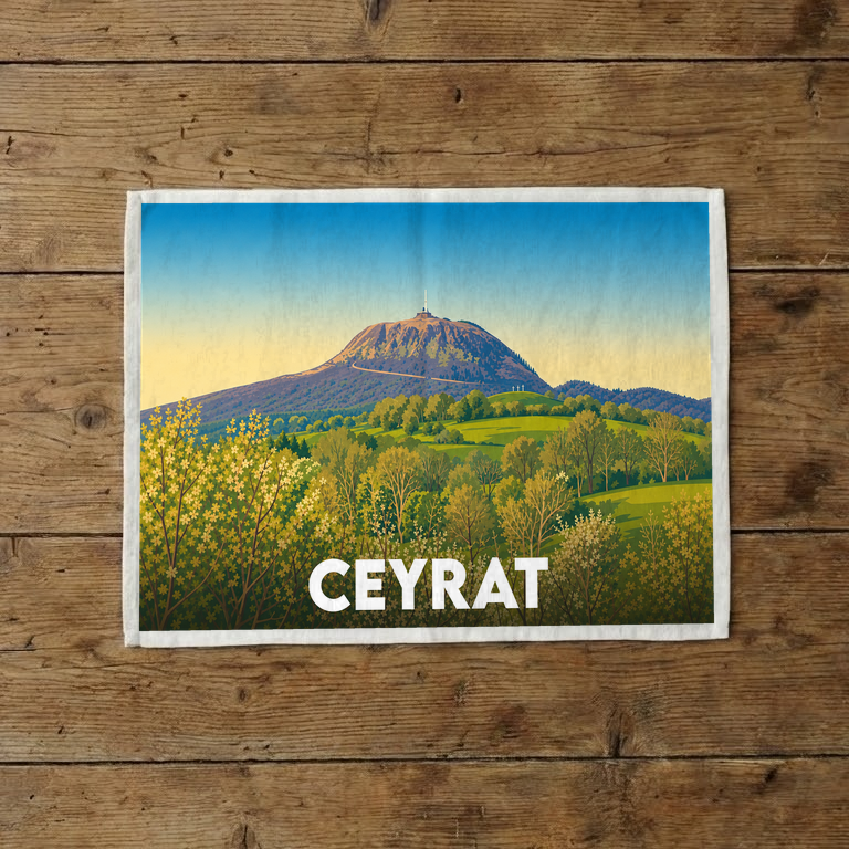 Torchon souvenir de la ville de Ceyrat illustrant le puy de Dôme dans un style rétro.