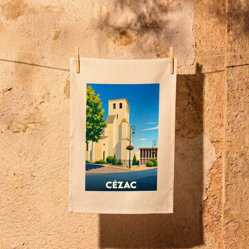 Torchon souvenir de la ville de Cézac avec une illustration stylisée.
