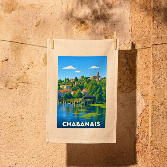 Torchon souvenir de la ville de Chabanais avec une illustration stylisée.
