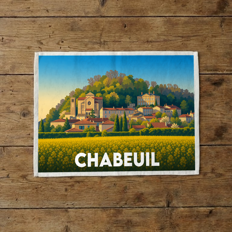 Torchon souvenir de la ville de Chabeuil illustrant son patrimoine historique au-dessus d'un champ de fleurs jaunes.